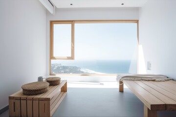 minimalist room, with a view of the ocean, featuring white walls and natural wooden furniture, created with generative ai