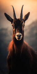 Portrait of a wild goat in the mountains at sunset time