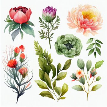 flower set, watercolor style Generative AI