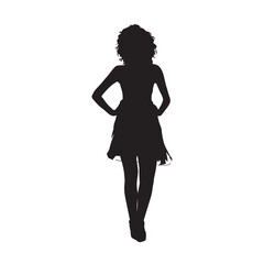 Sexy slim woman standing and wearing short dress, isolated vector silhouette, front view