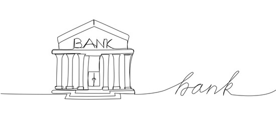 Bank, bank building, court, building with columns one line art. Continuous line drawing of bank, money, finance, financial, economic, wealth, credit with an inscription, lettering, handwritten.