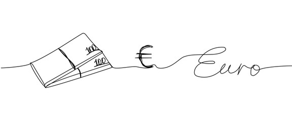 Money savings, bank, euro, money, banknote one line art. Continuous line drawing of bank, financial, payment, data, economic, wealth credit with an inscription, lettering, handwritten. - obrazy, fototapety, plakaty