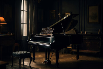 Grand piano in dark room with only dim light. Vintage music background. AI generated.