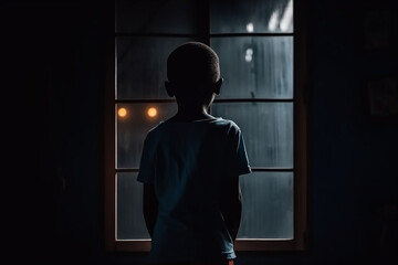 rear view of Lonely african child standing in the dark behind the window looking