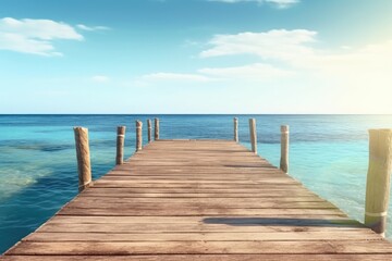 Wooden empty pier on the blue tropical sea. sunny summer day, peaceful and quite place, travel destination. generative AI