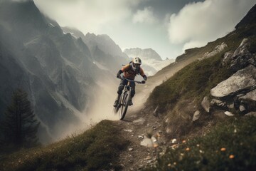 extreme mountain biker riding down steep and rocky slope, created with generative ai