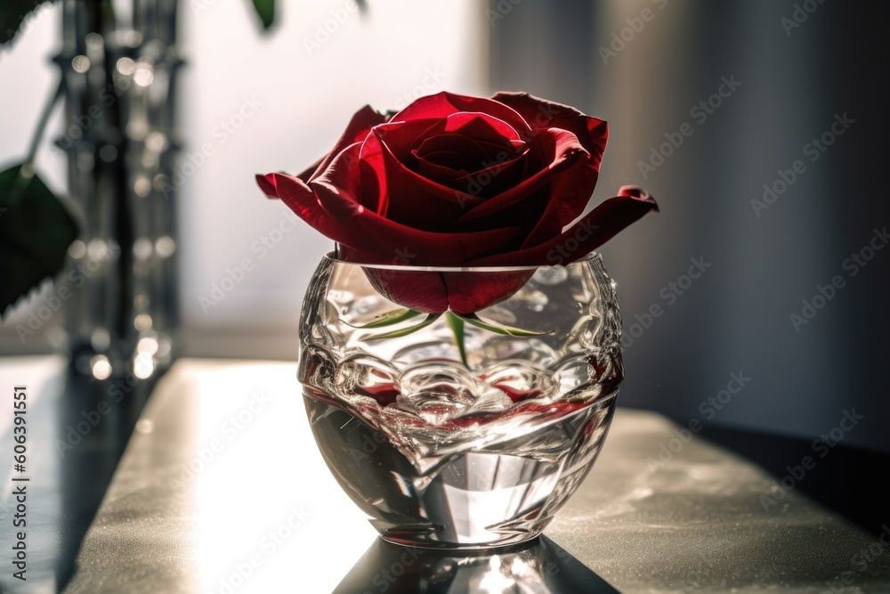 Canvas Prints red rose in clear glass vase, with water and light shining through, created with generative ai