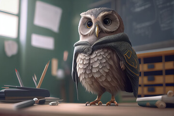 illustration of owl teacher in classroom in knowledge day . ai