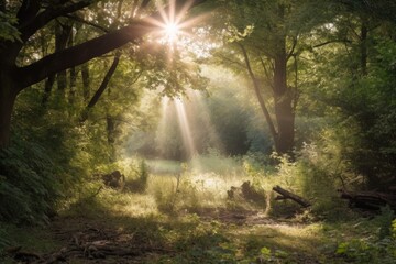 rural setting with sunbeams shining through the trees, created with generative ai