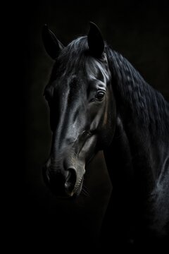 Beautiful black horse portrait on black background. Studio shot. Animal portrait. black stallion head. generative AI