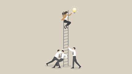 A businesswoman sits on a ladder and grabs a light bulb with a support team. Business challenge, motivation, opportunity, investment, ambition, intention, reach target, goal, idea and success concept.