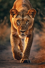 Lioness in savannah - obrazy, fototapety, plakaty