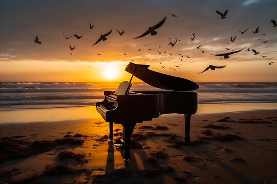Grand piano sitting on beach ay sunset with waves crashing coast and flock of birds. AI generated