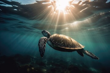 Obraz premium sea turtle swimming in the open ocean, with rays of sunlight shining through the water, created with generative ai