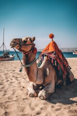 an illustration, sandy beach with camels in egypt, ai generative
