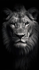 Portrait of a lion on a black background. Black and whit