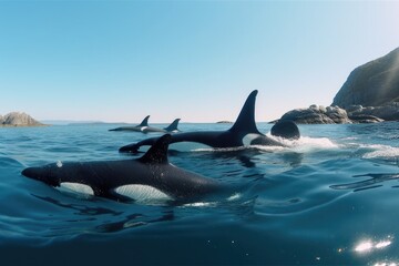 orcas swimming through crystal-clear waters, created with generative ai