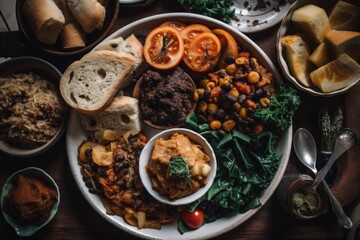 plate of comforting vegan food, with warm and filling options, created with generative ai