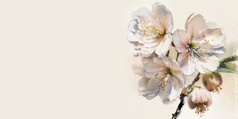 Blossom spring tree. Cherry, apple, sakura or almond pink flowers on blooming branch. Banner with place for text. Springtime greeting card. Generative AI.