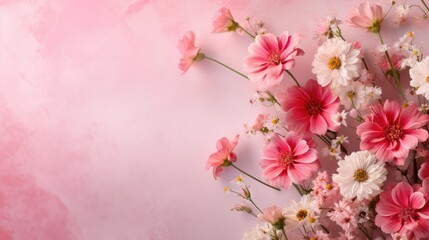 Fototapeta na wymiar Beautiful spring flowers on pink wall, floral background with copy space for text. generative AI