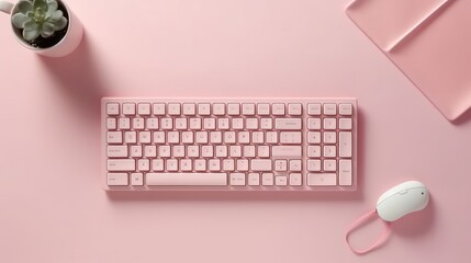 Top view of modern pink office desk with computer keyboard, mouse and notebook. total pink, copy space. generative AI