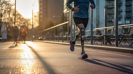 Generative AI, person with disability, prosthetic limb running and does not feel obstacles, - obrazy, fototapety, plakaty