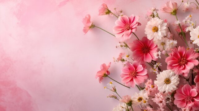 Beautiful spring flowers on pink wall, floral background with copy space for text. generative AI © matteo