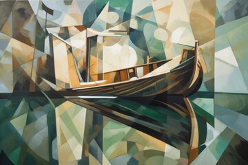 cubist painting of a boat on the water, with reflections and sunlight, created with generative ai
