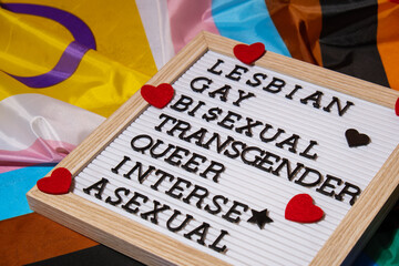 LGBTQIA description frame on Rainbow LGBTQIA flag made from silk material. LESBIAN, GAY, BISEXUAL,...