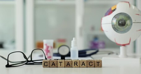 Word Cataract constructed from wooden cubes against ophthalmology equipment and glasses in clinic premise. Concept of health treatment and regular visits to ophthalmologist