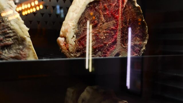 hanging smoked meat cuts to cure behind glass display, authentic recipe, traditional cuisine, cinematic push out movement of cured meat.