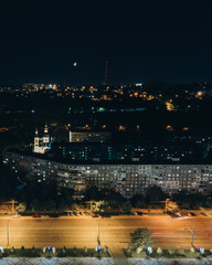 Night aerial view of the city of Dnipro, Ukraine. Left side of the city. Central part of the city.