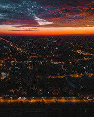 Obraz premium Night aerial view of the city of Dnipro, Ukraine. Left side of the city. Central part of the city.