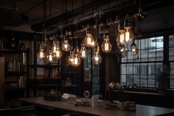 unique combination of modern and vintage lighting in industrial setting, created with generative ai