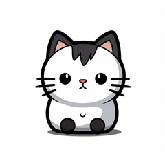 Cute black and white cat drawing, flat vector style, kawaii