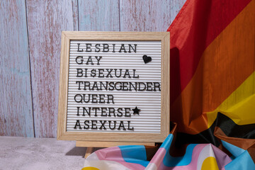 LGBTQIA description frame on Rainbow LGBTQIA flag made from silk material. LESBIAN, GAY, BISEXUAL,...