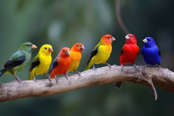 Fototapeta na wymiar group of colorful birds perched on tree branch, singing, created with generative ai