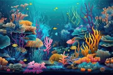Obraz na płótnie Canvas tropical aquarium with schools of tropical fish swimming among colorful corals and shells, created with generative ai