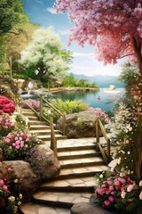 Fototapeta na wymiar illustration, beautiful garden with flowers, petals and water, ai generative