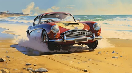 Obraz na płótnie Canvas Vintage car on a summer sea beach, driving along the ocean. Road trip travel. Generative AI
