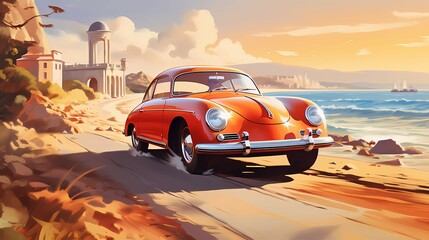 Fototapeta na wymiar Vintage car on a summer sea beach, driving along the ocean. Road trip travel. Generative AI