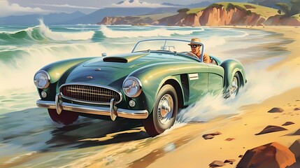 Obraz na płótnie Canvas Vintage car on a summer sea beach, driving along the ocean. Road trip travel. Generative AI