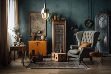 room with vintage upcycled furniture and modern accessories, created with generative ai