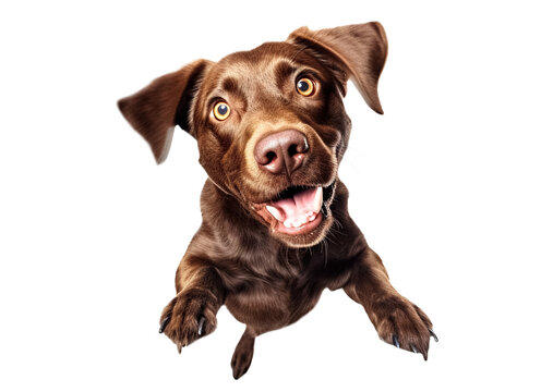 Cute playful doggy or pet is playing and looking happy isolated on transparent background. chocolate labrador young dog is posing. Cute, happy crazy dog headshot smiling on transparent, png