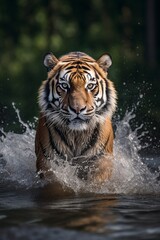 Fototapeta na wymiar illustration, tiger running in the water, generative ai.