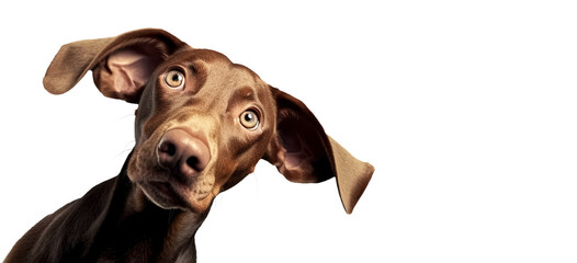Cute playful doggy or pet is playing and looking happy isolated on transparent background. Brown weimaraner young dog is posing. Cute, happy crazy dog headshot smiling on transparent,  png - obrazy, fototapety, plakaty