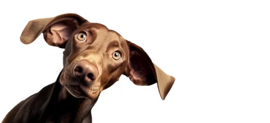 Fototapeten Cute playful doggy or pet is playing and looking happy isolated on transparent background. Brown weimaraner young dog is posing. Cute, happy crazy dog headshot smiling on transparent,  png © Viks_jin