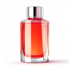 Elegant transparent bottle with red perfume isolated on a white background. Women's perfume. Generative AI