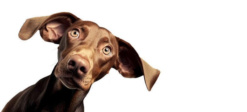 Cute playful doggy or pet is playing and looking happy isolated on transparent background. Brown weimaraner young dog is posing. Cute, happy crazy dog headshot smiling on transparent,  png