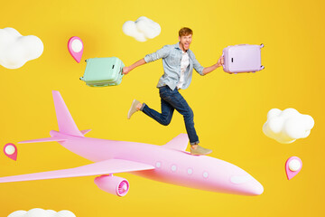 Collage 3d artwork picture of funky hurrying guy flying plane rising luggage isolated yellow color...